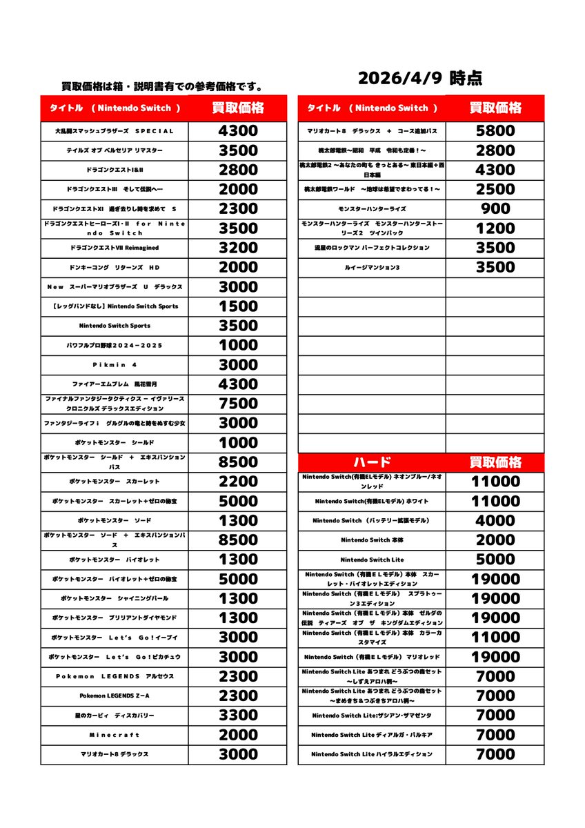 4月9日からのNintendo Switchの高価買取リストです! 遊び終わったゲームはぜひ当店へお売りください！#ブックオフ #栄スカイル #Nintendo_Switch