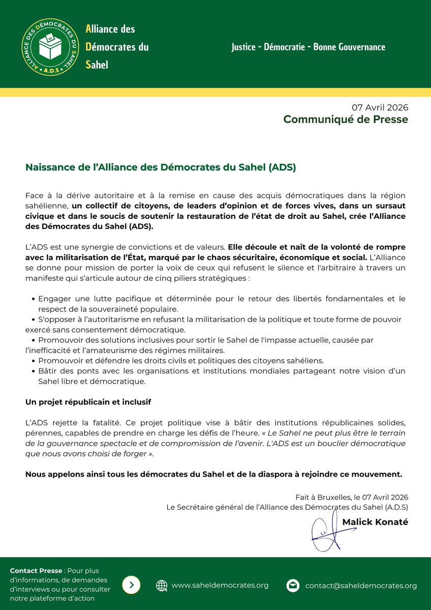 Alliance des Démocrates du Sahel tweet media