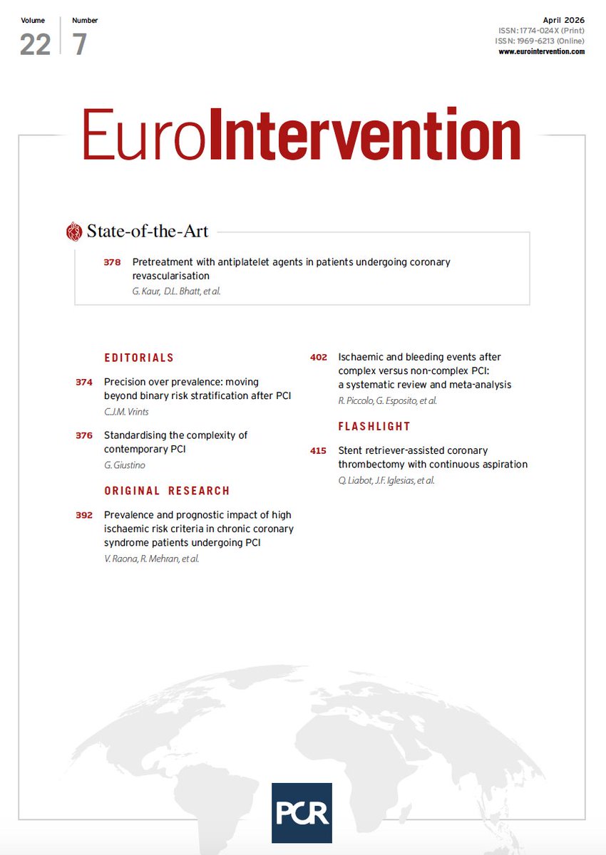 EuroInterventio's tweet image. The new issue is online, including:

• State-of-the-Art on antiplatelet pretreatment
• Prognostic impact of high ischaemic risk and complex PCI
• Updated coronary thrombectomy technique
and more 

🔗eurointervention.pcronline.com/issue/volume-2…

#CardioTwitter #interventionalcardiology #cardiomed