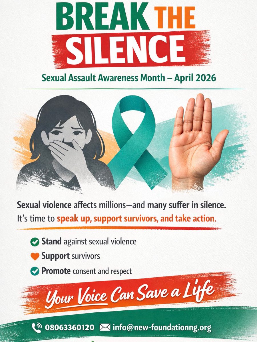 newfoundationng's tweet photo. April is Sexual Assault Awareness Month.

Let’s speak up, support survivors, and challenge the silence. Consent matters. Respect matters. Accountability matters.

Together, we can create a safer world. 💜 #SAAM #BelieveSurvivors https://t.co/kTq8X9wkAJ