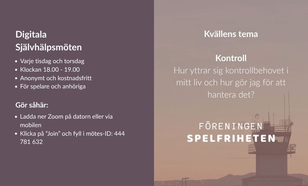 Kvällens tema på Föreningen Spelfriheten - Kontroll - Hur yttrar sig kontrollbehovet i mitt liv och hur gör jag för att hantera det?

Tillsammans skapar vi igenkänning och hopp för spelare och anhöriga.

Välkommen. 🤗

#spelberoende #anhörigstöd
#självhjälp #hjälptillsjälvhjälp
