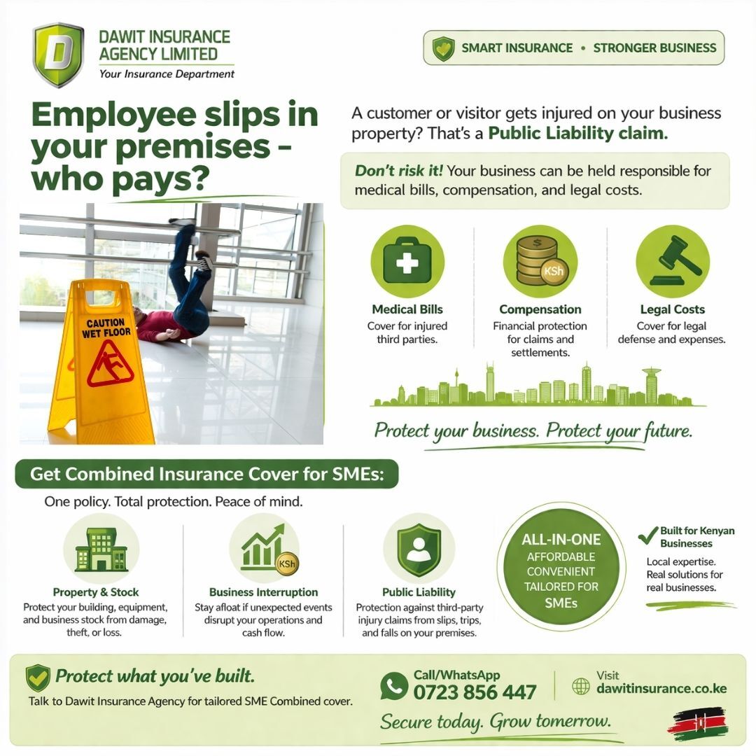 DawitInsurance's tweet photo. A customer or visitor gets injured on your business property? Your business can be held responsible for medical bills, compensation, and legal costs.
Protect what you've built. Talk to Dawit Insurance Agency for tailored SME Combined cover. 
Visit https://t.co/C4SXt6uAdU https://t.co/kqmBL3EoBs