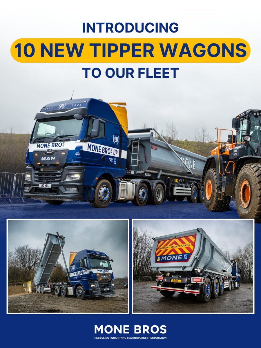 MoneBros's tweet photo. Can you guess how many tipper wagons we have now? 🚚
 
At Mone Bros, we’re delighted to have an entire fleet of MAN tipper wagons...
 
And we recently added another 10 to our impressive fleet, all of which are 8x4 tipper wagons. 

#TipperWagons https://t.co/1PO4teEiZ7