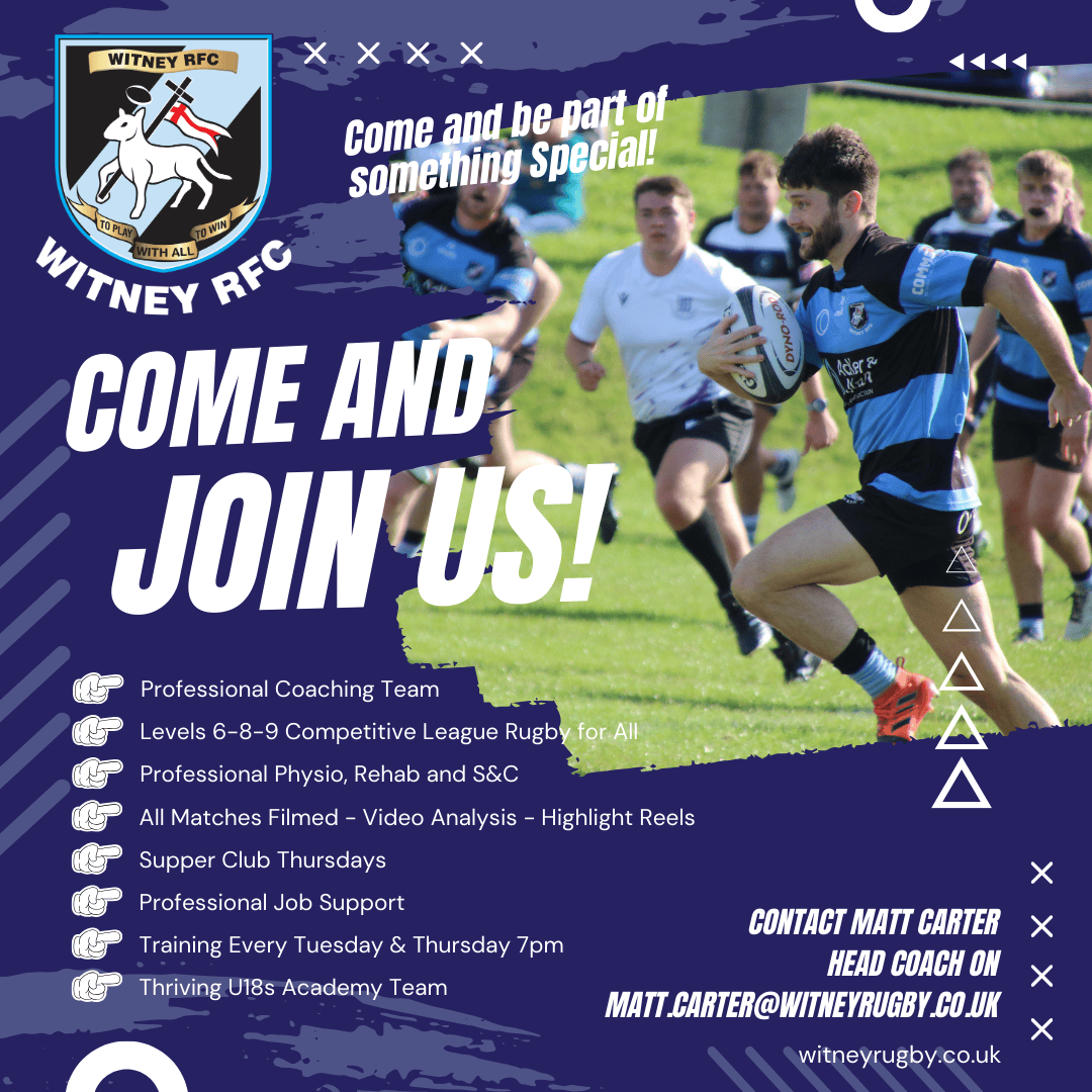 WitneyRFC's tweet photo. 💥 WITNEY RFC SENIOR MEN'S – WE’RE RECRUITING FOR 2025/26! 💥 
🏉 Levels 6, 8 &amp; 9
🧠 Pro coaching, S&amp;C, rehab
🎥 Matches filmed &amp; analysed
🍽 Supper Club Thursdays
📆 Train Tues &amp; Thurs, 7pm
📩 matt.carter@witneyrugby.co.uk
#WitneyRFC #JoinTheHerd #AlwaysBlackandBlue https://t.co/y7XS7AykfX