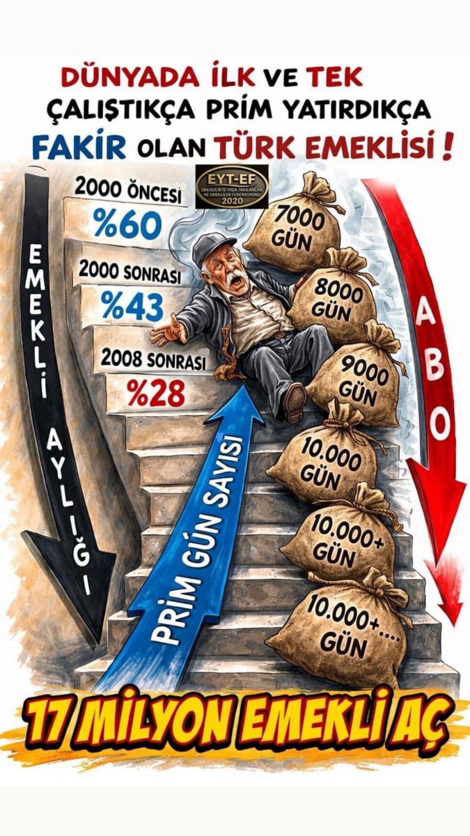 EMEKLİ
👇
#17MilyonEmekliAç

Emek var,
Alın teri var,
Ama milyonların tenceresinde aş, sofrasında ekmek yok !

İnsanca yaşam haktır !

#Emekli lere yaşattığınız bu zulmün hesabı milli irade günü sandıkta sorulacaktır !

#5000KısmiMaaşsızBırakıldı
<a href="/RTErdogan/">Recep Tayyip Erdoğan</a> 
<a href="/isikhanvedat/">Prof. Dr. Vedat Işıkhan</a>