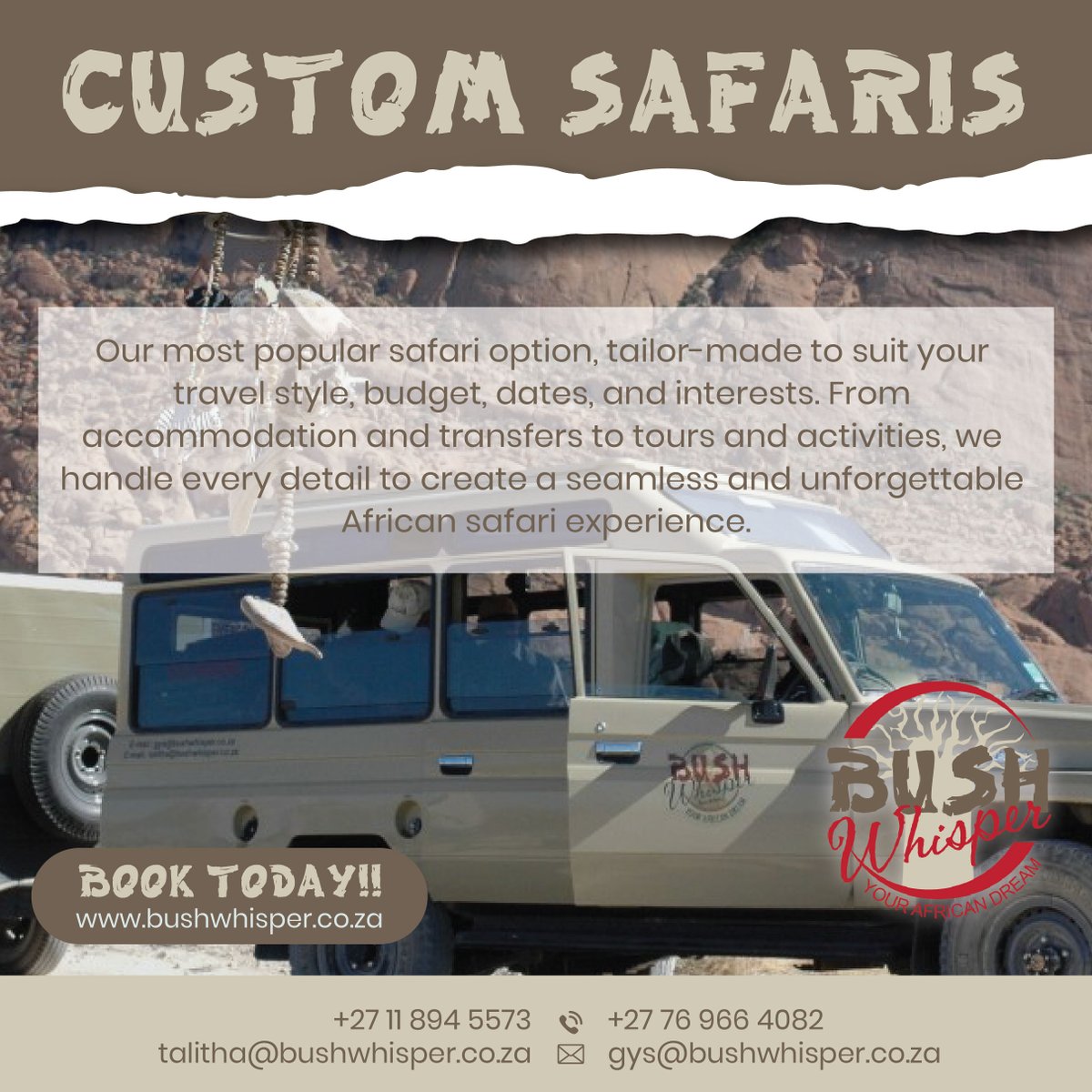 Bush_Whisper's tweet photo. Our most popular safari option is custom travel. Curated to suit your specific needs, budget, activities, and safari style. Experience a tailored safari adventure. Request your complimentary quote today! 🌍🦓 #Safari #Travel #Adventure https://t.co/c34tJQSsTg
