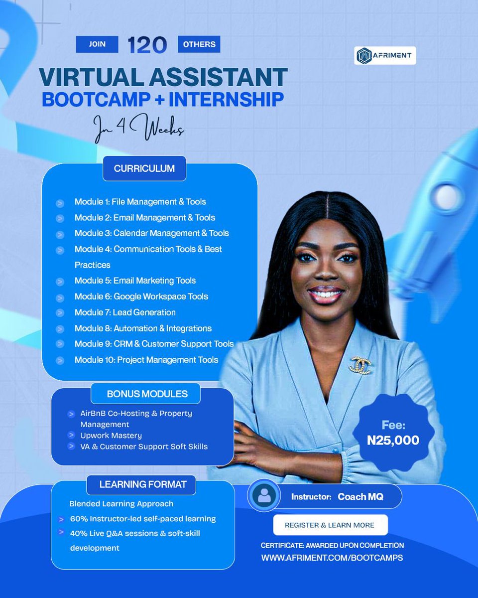 AFRIMENT's tweet photo. Ready to start earning remotely as a Virtual Assistant?

This is your sign

In just 4 weeks, you’ll learn high-income skills like email management, lead generation, automation, CRM tools, and more ; plus get real internship experience to build your confidence.  ￼

No experience? No problem.
Just the right training + consistency.

Fee: ₦25,000
Limited slots available

Secure your spot now👇🏽
https://t.co/JkcxLTzgw1