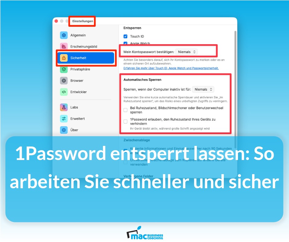 1Password für den Mac: Erleichtern Sie sich die Nutzung durch großzügigeres Einstellen beim automatischen Sperren

So geht’s >> mac.bz.it/120x8

<a href="/1Password/">1Password</a> #1password #sicherheit #passwort #aufgeraeumt  #schnell #produktivität #apple #iphone #ipad #macbusinesscoaching