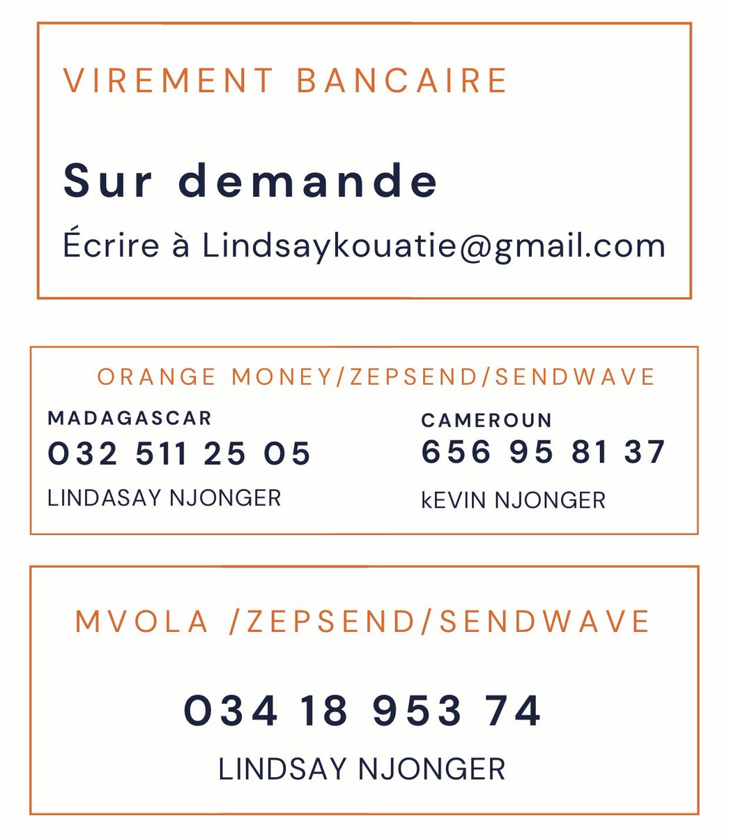 Bonjour, merci d’avoir pris la peine de parcourir le site lindsaynjonger.com/cisfa2026 
PayPal n’est pas disponible à Madagascar, raison pour laquelle j’ai sollicité le compte d’une amie se trouvant en Occident.
Néanmoins, si vous souhaitez me faire un don directement :  👇🏾