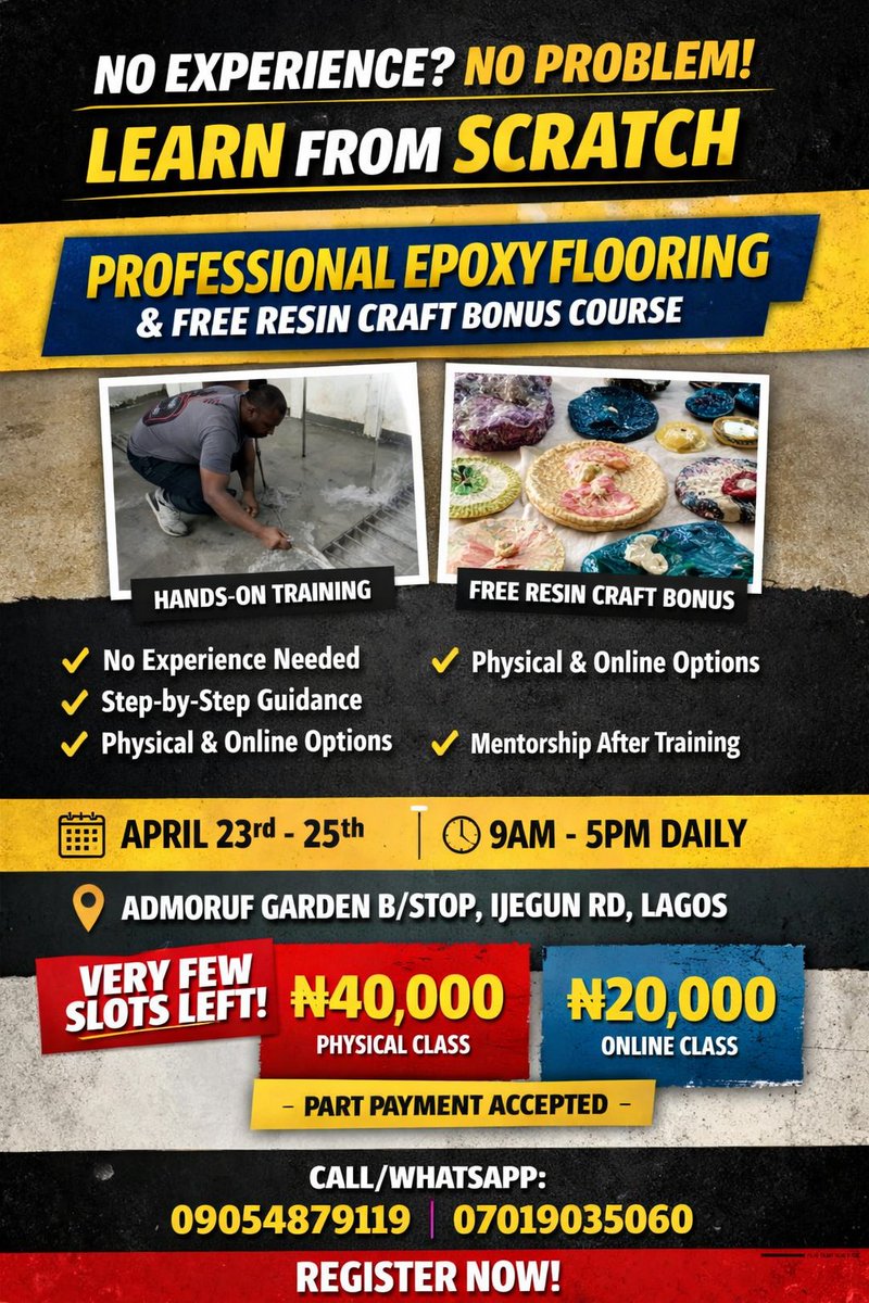 PalatableAnd's tweet photo. Never done epoxy or resin craft before?
That’s exactly why this training is for you ✅

✔ Beginners welcome
✔ FREE Resin Craft bonus
✔ Lagos + Online
💳 Part payment accepted

⚠️ Few slots left

DM 07019035060 now.

#EpoxyFlooring #SkillAcquisition #LearnASkill https://t.co/ZXqGLf9zEn