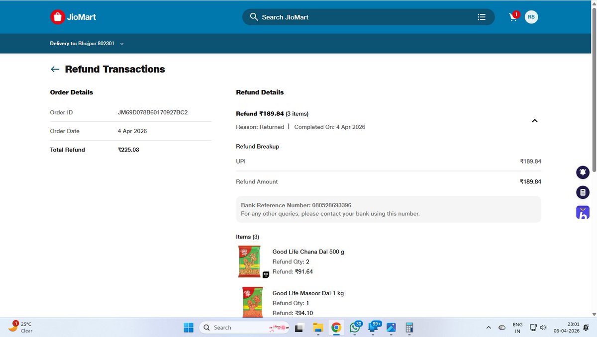 Rajshekhar14840's tweet image. Really frustrated with the service at @JioMart. It’s been days since my return was processed (Order: JM69D078B60170927BC2), and your system says the refund is done, but my bank says otherwise. Why is my money stuck? Fix this @JioMart_Support @reliancejio! 😡 #BadService #JioMart