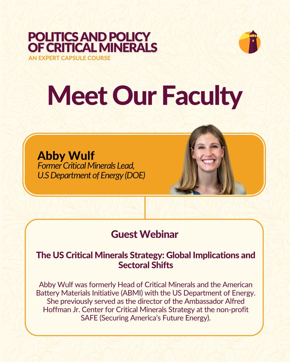 TakshashilaInst's tweet photo. Meet the faculty!

We're excited to welcome Abby Wulf as a guest speaker for our upcoming webinar — 'The US Critical Minerals Strategy: Global Implications and Sectoral Shifts'!

Takshashila Institution's new Expert Capsule Course, Politics & Policy of Critical Minerals, unpacks it all. 4 weekends. Live online webinars. Expert faculty.
Starts 9 May 2026 | Early Bird deadline: 12 April

Apply Now: https://t.co/1r1RMCOGlj