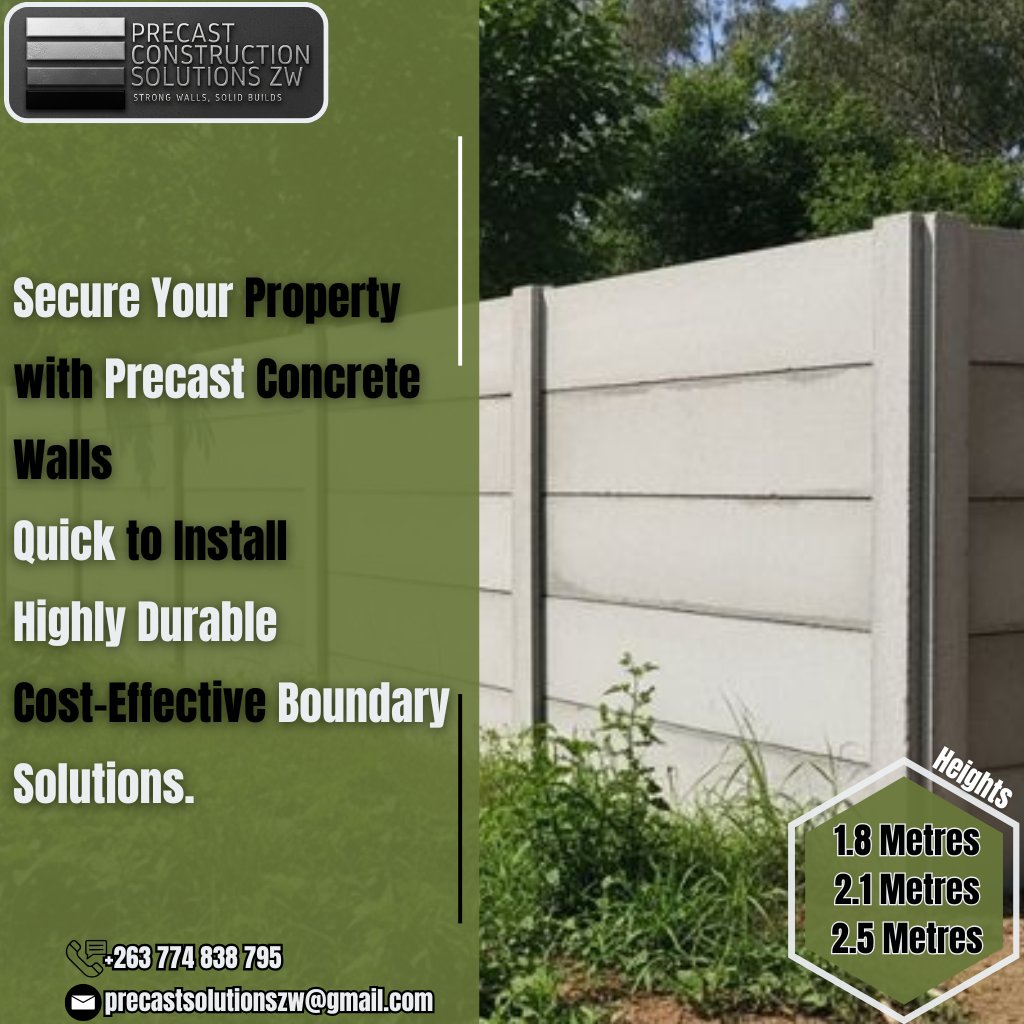 precastsolution's tweet photo. How high does your boundary wall need to be? 📐
We install precast concrete walls at:
🧱 1.8 Metres
🧱 2.1 Metres
🧱 2.5 Metres
Quick to install. Highly durable. Cost-effective. 🇿🇼
📞 +263 774 838 795
DM us for a free quote.
#DurawallZW #PrecastZW #BoundaryWallZW #ZWConstruction https://t.co/nA29rJ0pko