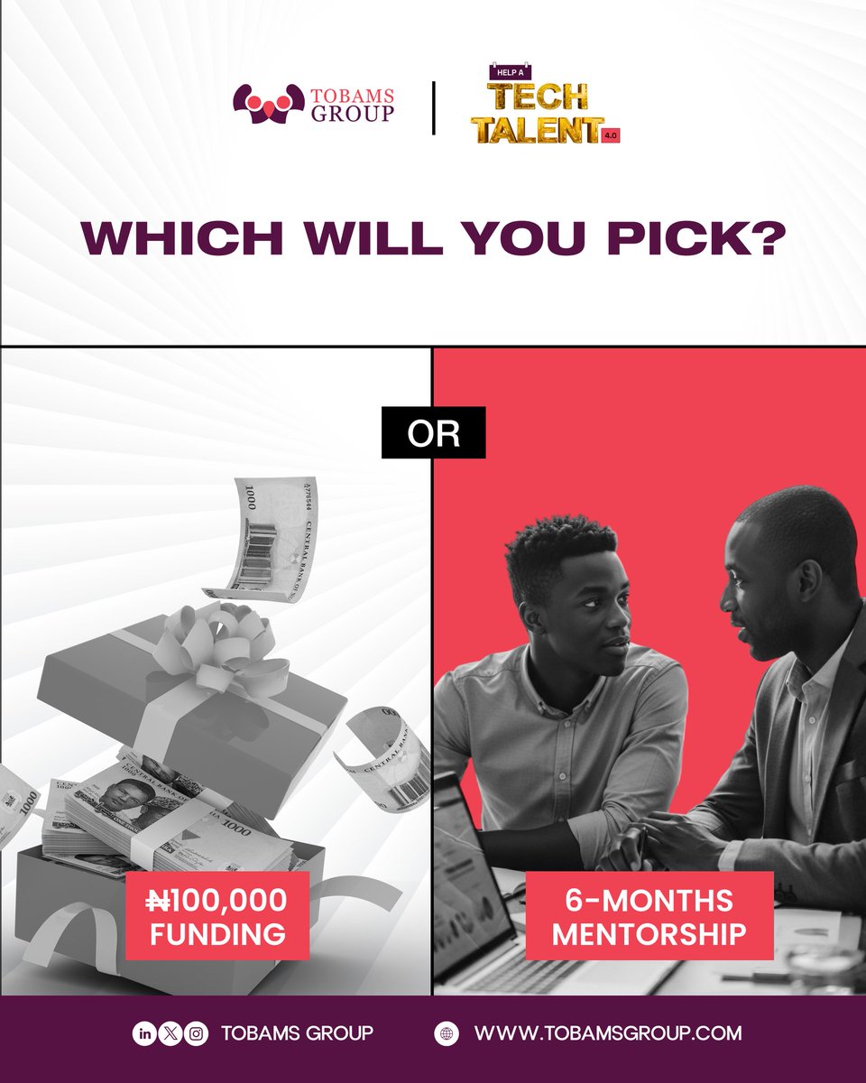 Funding or Mentorship... which one are you picking?

Be honest.

₦100K can change your situation fast.
But 6 months of mentorship? That can change your entire direction.

Real winners don’t just pick what’s quick… they go for what lasts.

So yeah… what’s it gonna be? 🤔