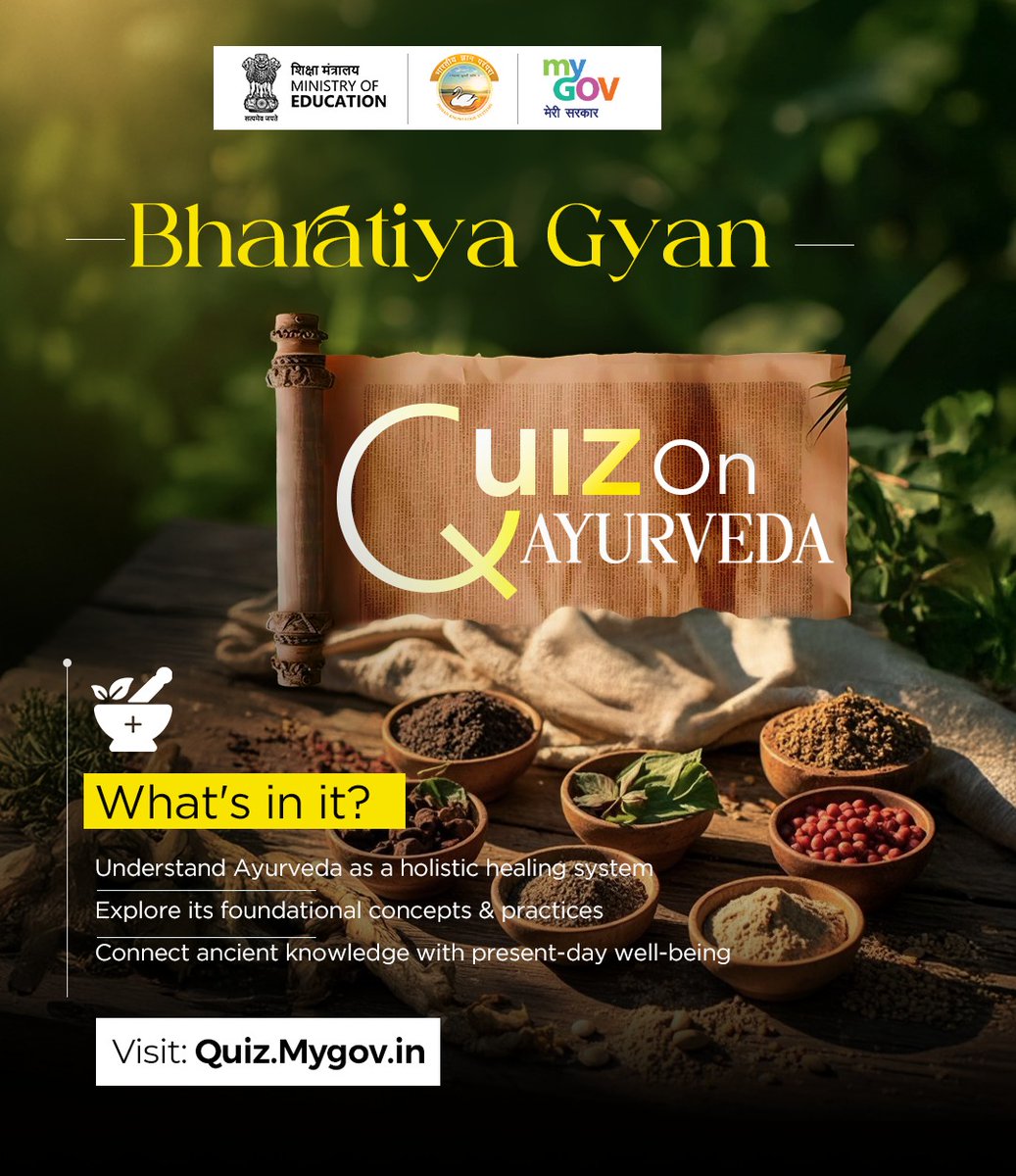 mygovindia's tweet image. From herbs to healing, Ayurveda holds centuries of insight. How much do you really know? 

Take the Bharatiya Gyan Quiz on Ayurveda and explore how this holistic system of traditional knowledge focuses on health, healing, and balance.

🔗 quiz.mygov.in/quiz/bharatiya… 

#Ayurveda