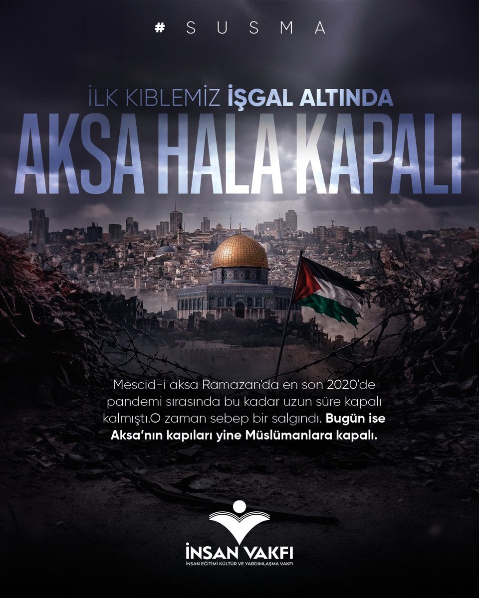 insanvakfiaydin's tweet photo. ❗️Dinler tarihi için önemi büyük olan ilk kıblemiz Mescid-i Aksa’da ibadet hürriyetine mani olunuyor!

❗️Mescid-i Aksa’yı elimizden almak isteyenlere geçit vermemeliyiz!

#SUSMA https://t.co/B8BchgvpzQ