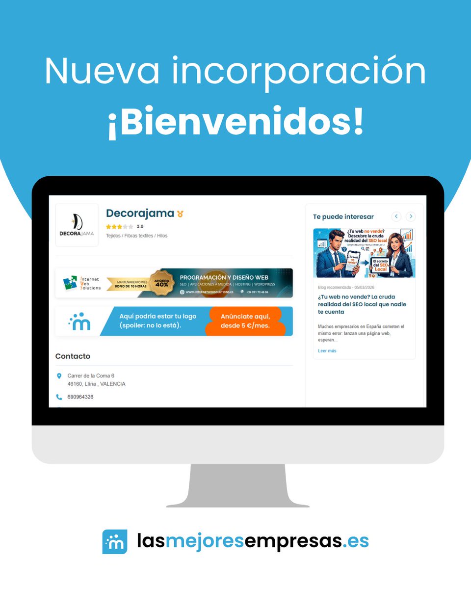 Info_LME's tweet photo. ✨¡Decorajama, bienvenidos a Lasmejoresempresas! ✨
  
Visita tu espacio:
 👇
 🔗https://t.co/KtlrkGsFTT
 
 ✅ Accede a tu panel privado y pon en tu web el Sello de Empresa Verificada. https://t.co/qMbX8G9yn3