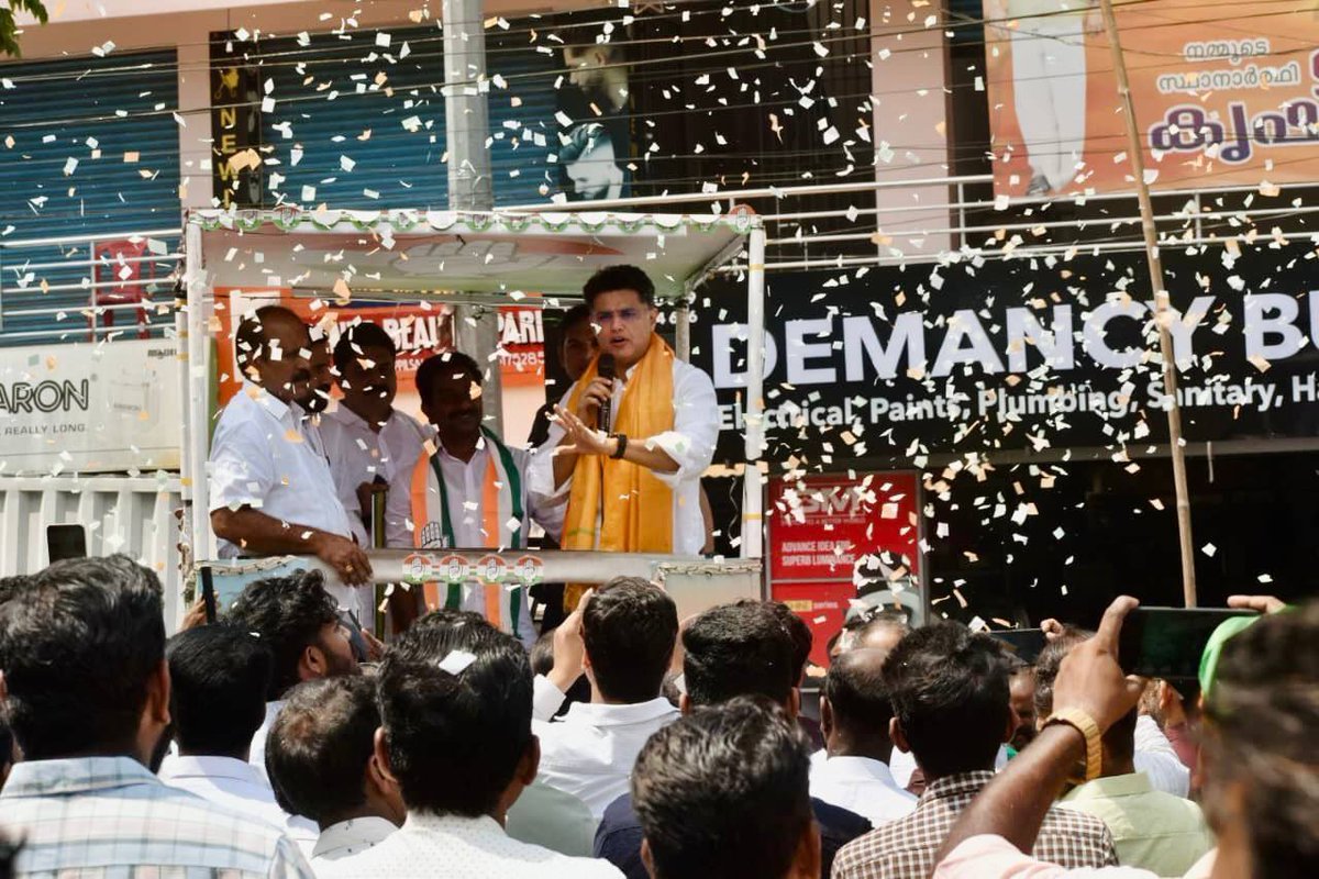 SachinPilot's tweet photo. We had an enthusiastic roadshow in support of Congress candidate Shri M.R. Baiju from the Kattakada assembly. 

We are committed to creating employment opportunities, strengthening infrastructure, and ensuring welfare reaches every household. 

Vote for a better Keralam. Vote for progress. Vote for UDF 🗳️

@RahulGandhi @kcvenugopalmp @priyankagandhi @SunnyJosephINC @vdsatheesan @DeepaDasmunsi @INCIndia @INCKerala
