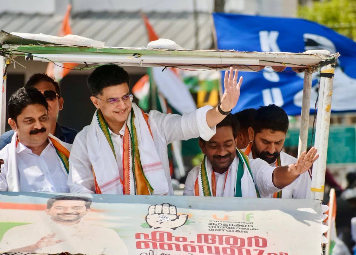 SachinPilot's tweet photo. We had an enthusiastic roadshow in support of Congress candidate Shri M.R. Baiju from the Kattakada assembly. 

We are committed to creating employment opportunities, strengthening infrastructure, and ensuring welfare reaches every household. 

Vote for a better Keralam. Vote for progress. Vote for UDF 🗳️

@RahulGandhi @kcvenugopalmp @priyankagandhi @SunnyJosephINC @vdsatheesan @DeepaDasmunsi @INCIndia @INCKerala