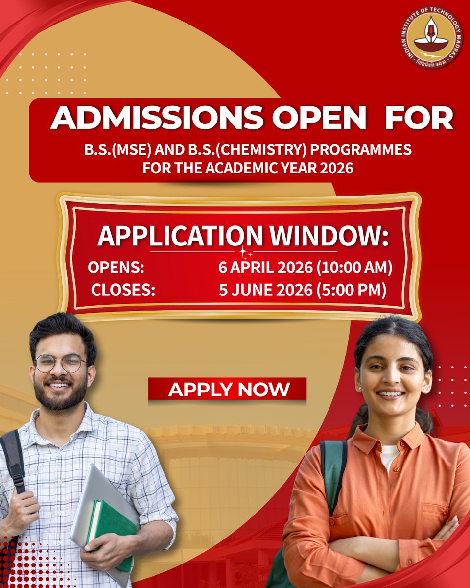 iitmadras's tweet image. Applications are now open for two cutting-edge undergraduate programmes at @iitmadras for the Academic Year 2026–2027.

Explore the B.S. Programme in Medical Sciences &amp;amp; Engineering and the B.S. Programme in Chemistry (with an upgrade option to M.S. in Chemistry)—designed to equip