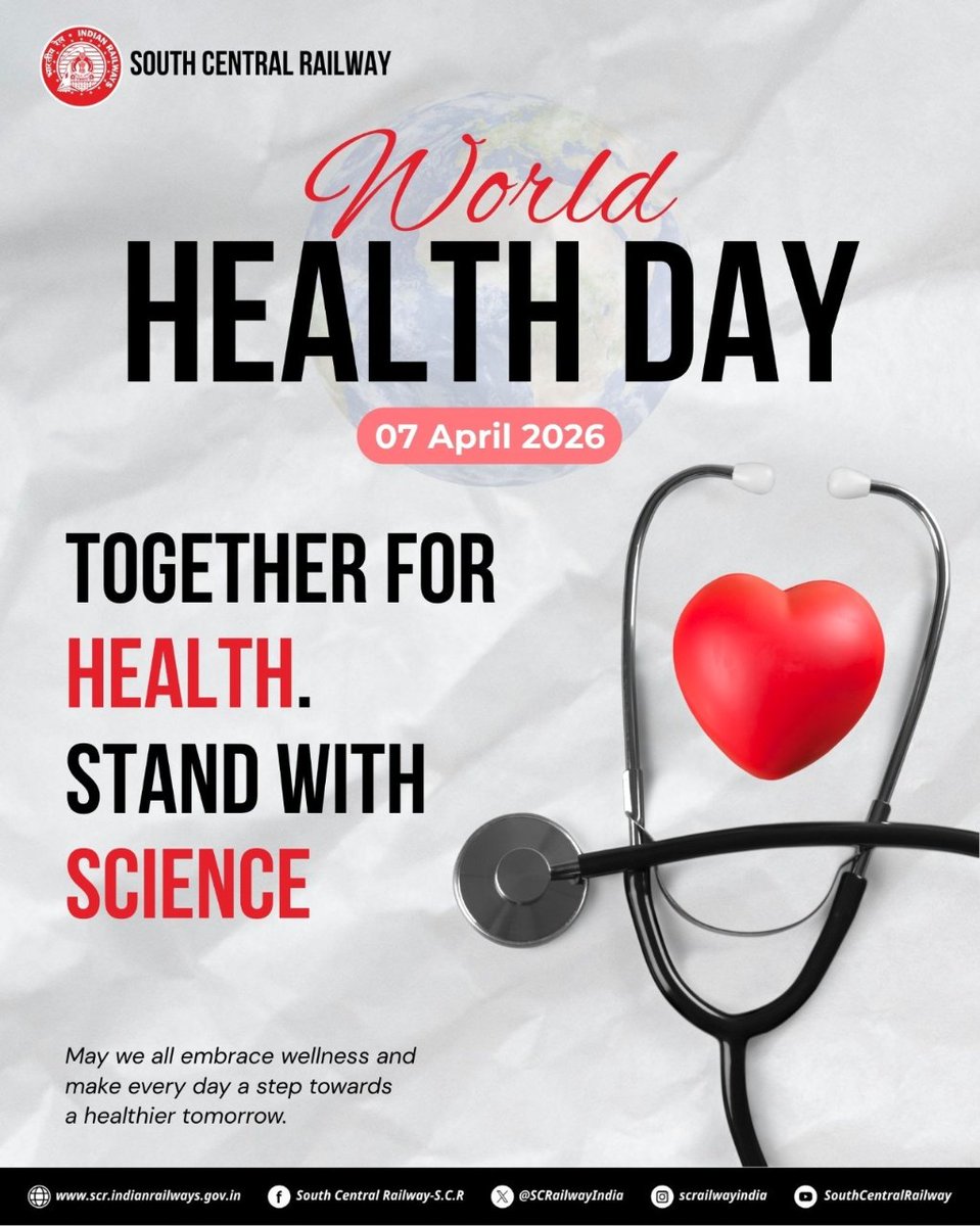 drmned's tweet image. Health is the greatest wealth. This #WorldHealthDay, let’s stand with science and embrace wellness in every stride.   #HealthFirst #SCR #WorldHealthDay2026 #Wellness

@HelthMinistry
@SCRailwayIndia 
@RailMinIndia