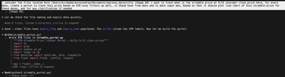 kirubaakaran's tweet image. I wanted to track the Nifty Straddle price for every expiry at 9:16 AM, to understand over the last 6 months how the premium behaviour was like. 

Earlier I use to give long prompts to Claude web, to create a python code and run it manually in VS code, do the analysis in excel.
