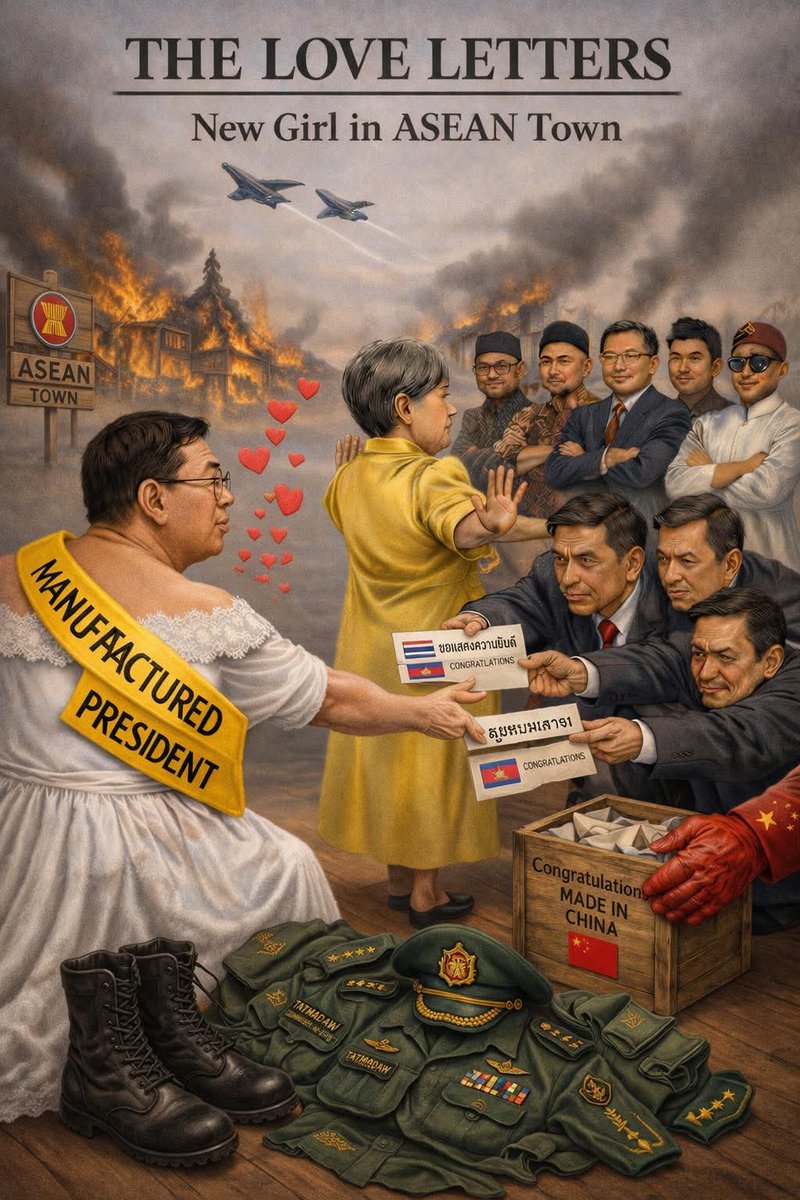 The Love Letters
Even as bombs fall and villages burn, the junta reaches for recognition.

A few congratulatory letters cannot erase the crimes that brought him to power.

Legitimacy cannot be manufactured.
#ASEAN #WhatsHappeningInMyanmar Progressive Voice ASEAN Parliamentarians
