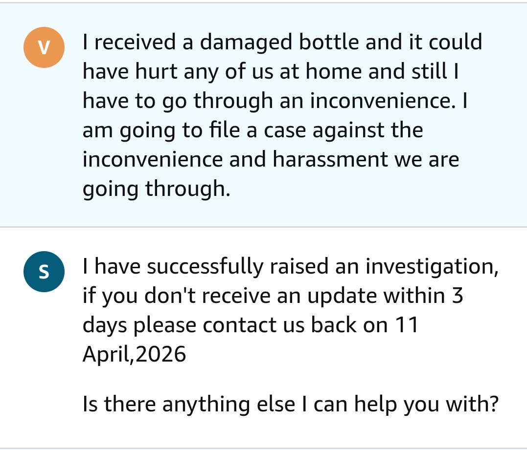 virkamble98's tweet photo. @AmazonHelp @consumerforum_ This is what I get as a resolution for receiving a broken bottle? It could have hurt any of our family member yet we have to wait for an investigation even after sharing all the necessary photos and details. This is harassment @AmazonHelp https://t.co/2b6frn39Xf