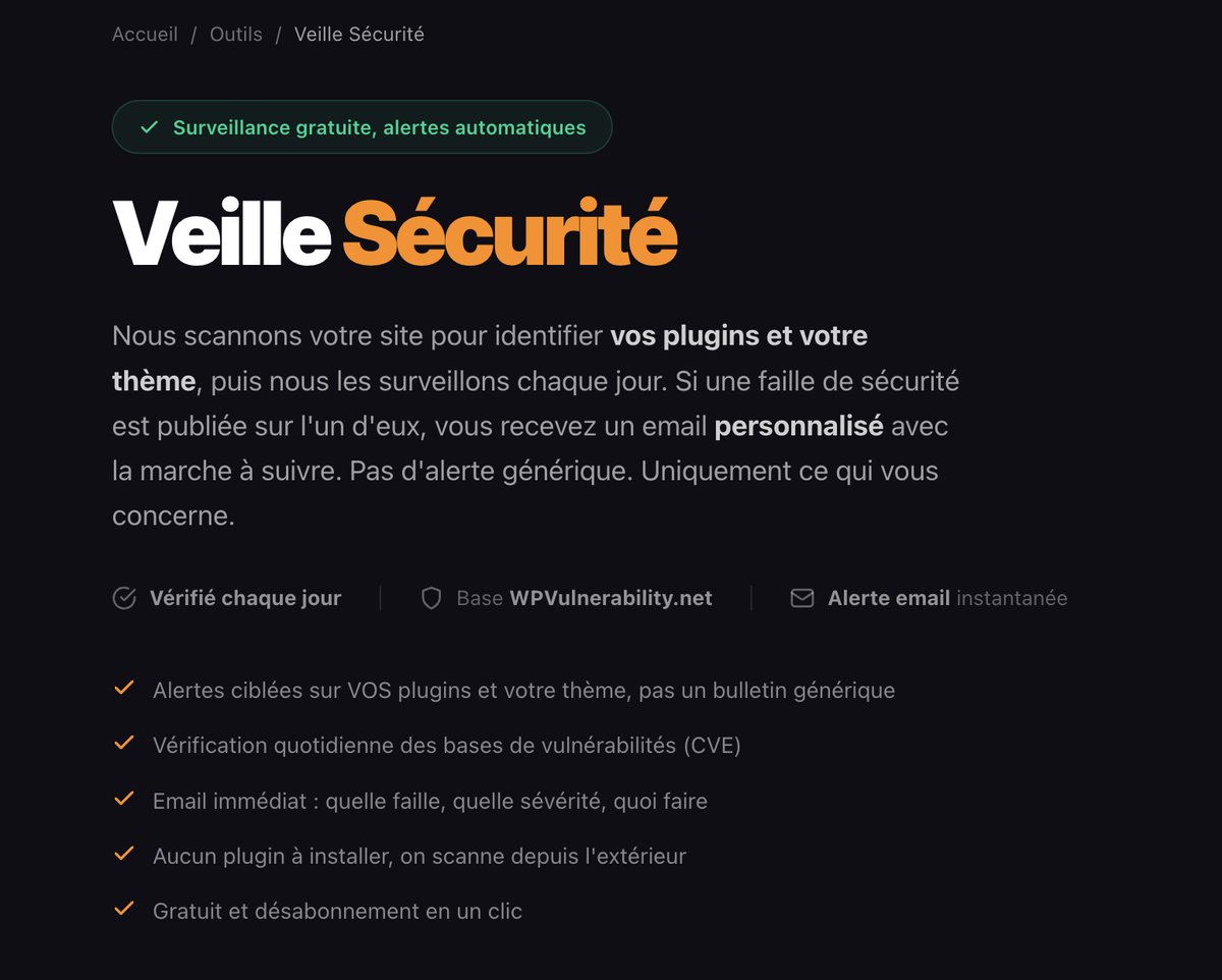 wpformation's tweet photo. Tu t'en fous des 11 000 failles WordPress.  Tu veux juste savoir si TES plugins sont concernés.  J'ai construit un outil gratuit pour ça.

Pas de tableau de bord. En français.  https://t.co/e75HxSvjlo https://t.co/mKqrII9ny3