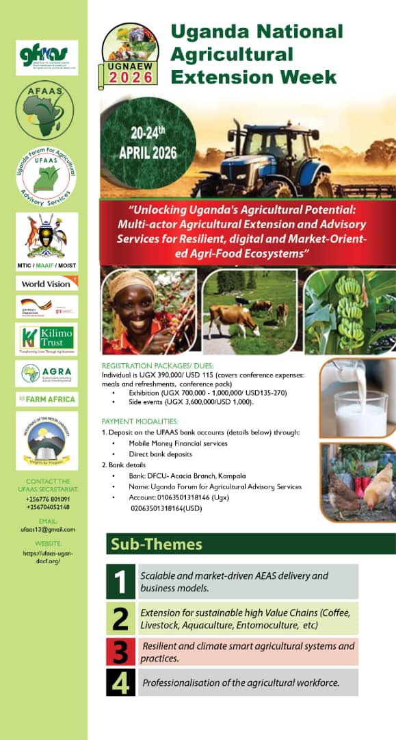 UFAAS13's tweet photo. Secure your spot at the largest agricultural gathering in Uganda!
Individual: UGX 390,000 / $115โจExhibitors: From UGX 700,000
Pay via DFCU Bank or Mobile Money (See details below).
๐
April 20-24, 2026โจ๐ Silver Springs Hotel
#UGNAEW2026 #UFAAS #ExtensionWeek https://t.co/tcSV9aWAb3