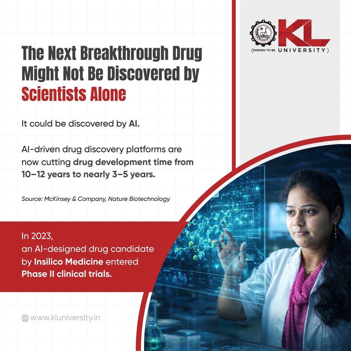 kluniversity's tweet image. AI is transforming drug discovery—faster, smarter, and data-driven. Step into the future of pharmacy with cutting-edge skills in biology, AI, and drug design.

🎓 Admissions Open 2026–27
🔗kluniversity.in/admissions/

#DrugDiscovery #AIInHealthcare #PharmaInnovation #BiotechFuture