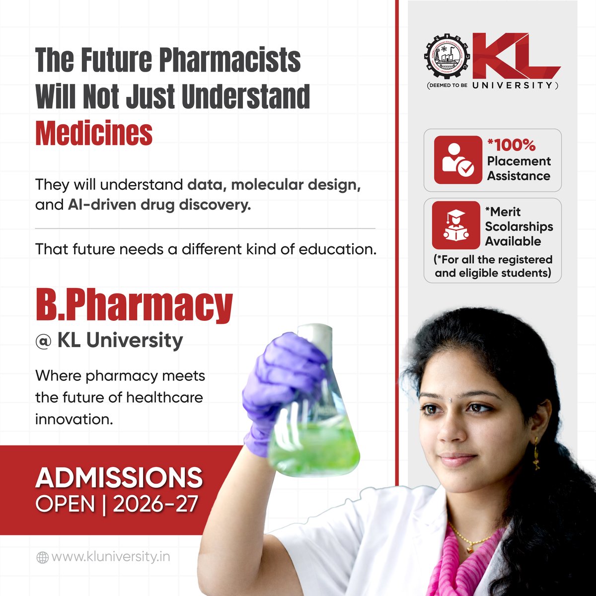 kluniversity's tweet image. AI is transforming drug discovery—faster, smarter, and data-driven. Step into the future of pharmacy with cutting-edge skills in biology, AI, and drug design.

🎓 Admissions Open 2026–27
🔗kluniversity.in/admissions/

#DrugDiscovery #AIInHealthcare #PharmaInnovation #BiotechFuture