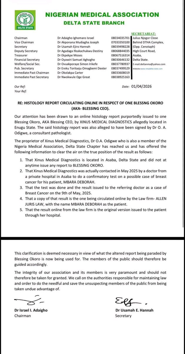 THE BLESSING CEO CANCER FRAUD SCANDAL
For the attention of every Nigerian who donated, prayed, or shared.
The Nigerian Medical Association, Delta State Branch, has spoken. The document is dated April 1, 2026 and signed by the Chairman, Dr Israel I. Adaigho, and Secretary, Dr