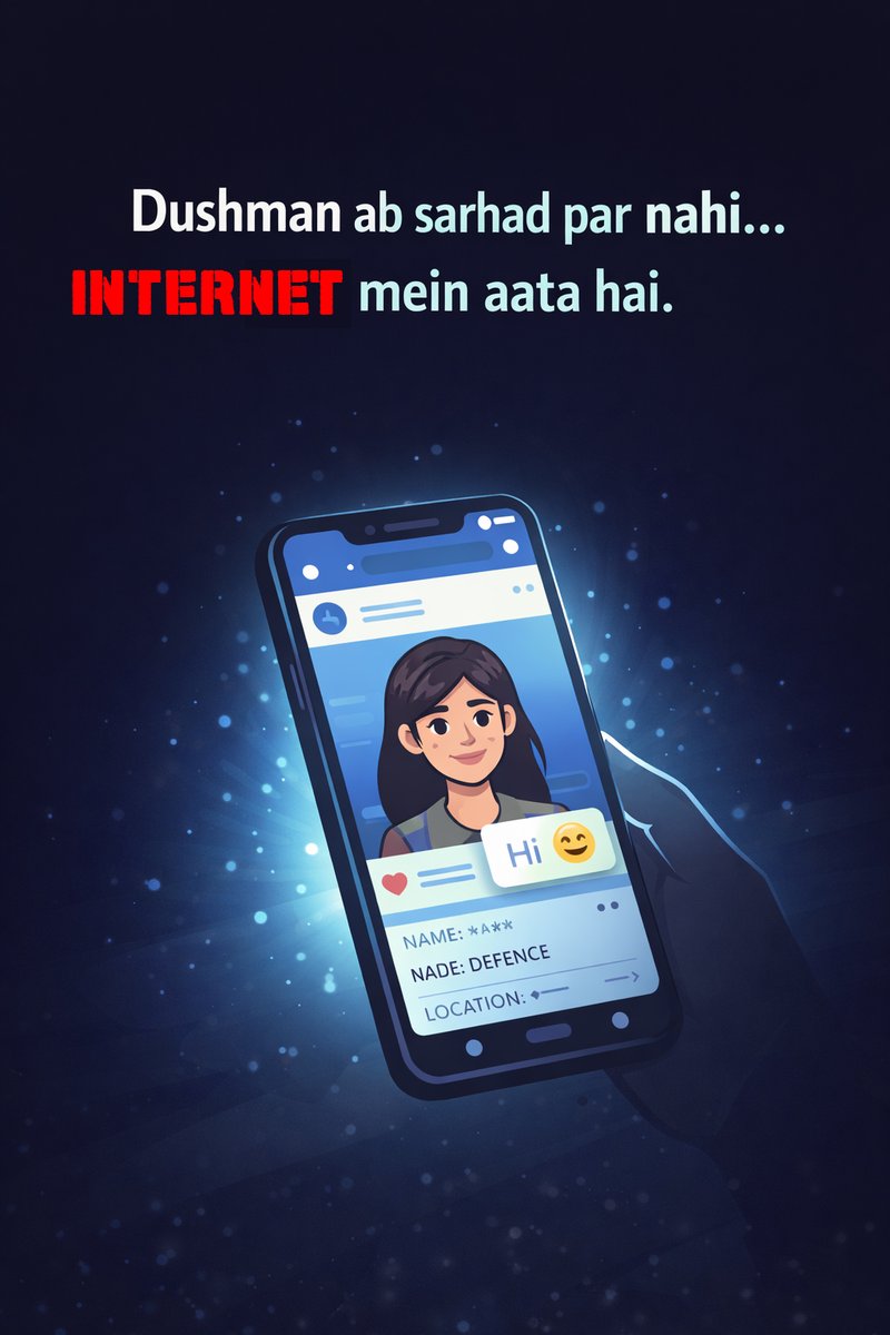 kasheer_w's tweet image. Dushman ab sirf sarhad par nahi… INTERNET par bhi hai. Stay alert to unknown messages, fake profiles &amp;amp; honey traps. Your caution is your protection.
Socho. Samjho. Bacho. 🇮🇳 #CyberAwareness #StayVigilant #OnlineSafety #DigitalIndia #ThinkBeforeYouClick #SecurityFirst #StaySafe