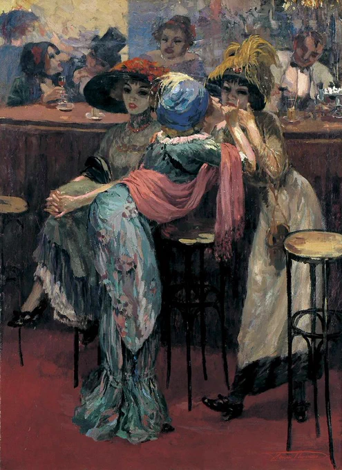 Henri joseph tomasヘンリジョセフトーマス(1879-1972)ベルギーの画家、彫刻家。彼は夜のバーの風景やcocotte(高級娼婦)を描きました。官能的な女性を描く点ではベルギーの画家兼版画家のフェリシアンロップスの影響を受けていました。