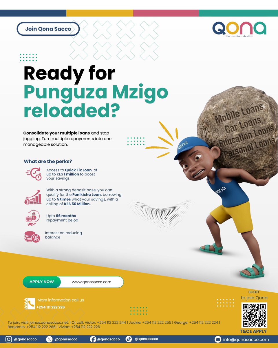 qonasacco's tweet image. Don't let multiple interest rates eat into your dreams. Consolidate your loans into one single repayment plan with our PUNGUZA MZIGO. 

Terms and conditions apply. 

​#SmartMoney 
#QonaSacco 
#PunguzaMzigo 
#KenyaFinances