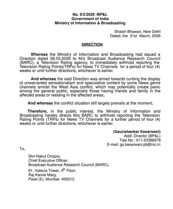 airnews_pune's tweet image. माहिती आणि प्रसारण मंत्रालयाने ब्रॉडकास्ट ऑडियन्स रिसर्च कौन्सिल ला  वृत्तवाहिन्यांसाठी 'टेलिव्हिजन रेटिंग पॉइंट्स' (TRP) प्रसिद्ध न करण्याचे निर्देश आणखी चार आठवड्यांसाठी, किंवा पुढील आदेश येईपर्यंत, कायम ठेवण्यास सांगितले आहेत.  
   #TRP #BARC #Broadcasting #MediaRegulation
