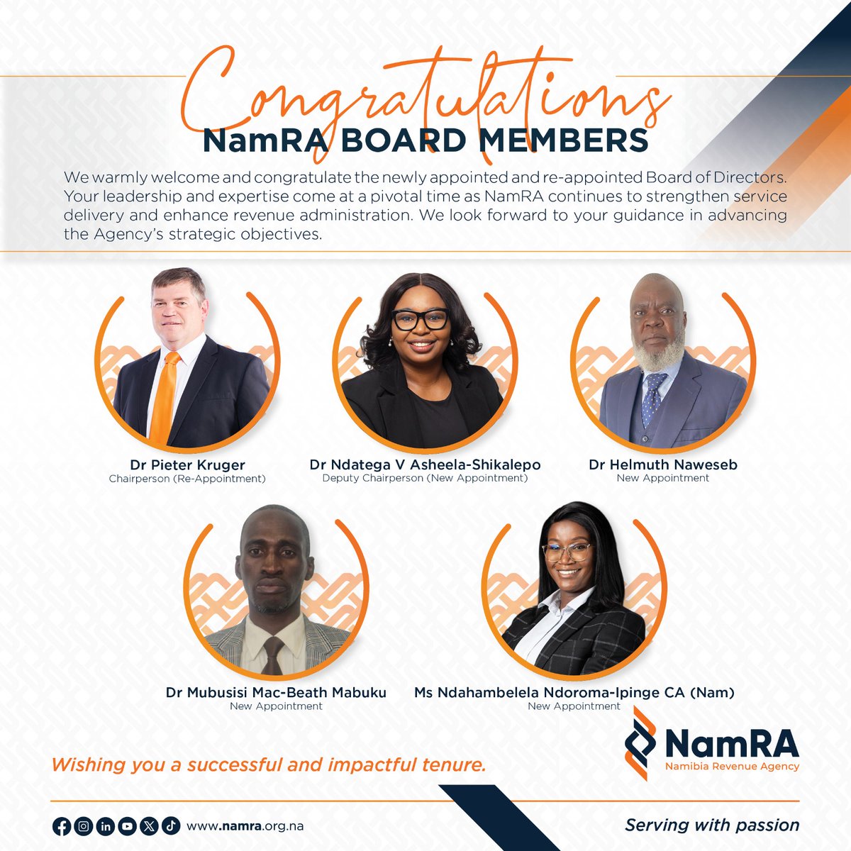 NamRA_org_na's tweet photo. NamRA welcomes and congratulates the newly appointed and re-appointed Board Members.
Wishing you a successful and impactful tenure.
#NamRA #Leadership #ServingWithPassion https://t.co/NA8IERq1aP