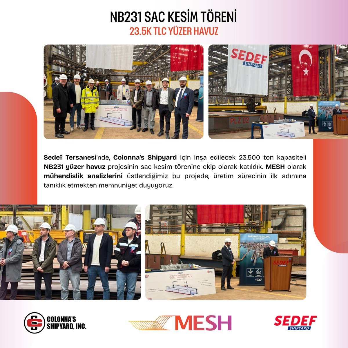 Mesh_Eng_Soft's tweet photo. Yüzer Havuz Projemizde Sac Kesimi Yapıldı!

Colonna's Shipyard için Sedef Shipyard tarafından NB231 inşa numarasıyla inşa edilecek 23.500 TLC kapasiteli yüzer havuz projemiz DLT-211’in sac kesim töreni gerçekleştirildi.

#DeltaMarine #Shipbuilding #FloatingDock #NavalArchitecture https://t.co/e6Bt5BHgDp