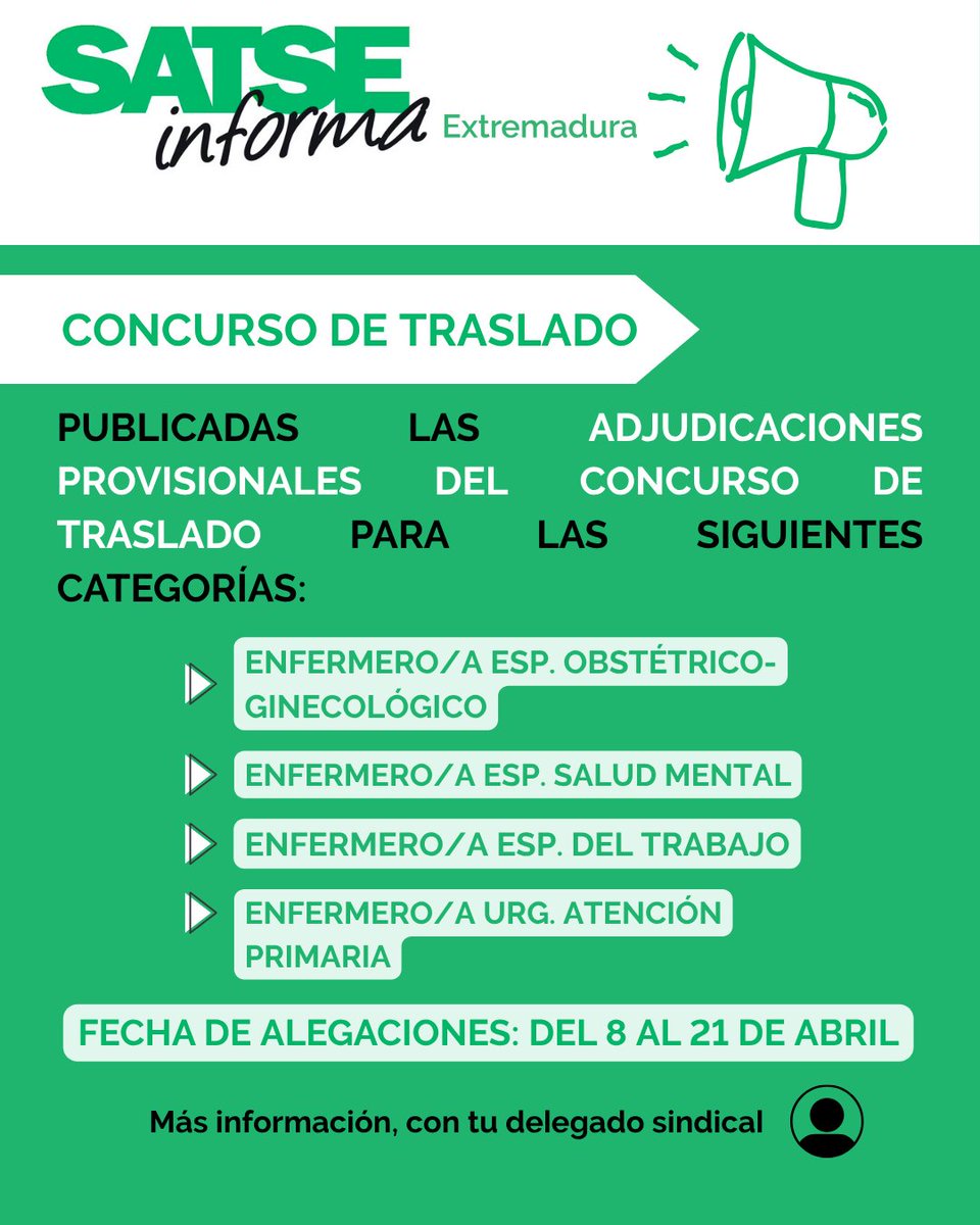 📢 Publicadas las adjudicaciones provisionales del concurso de traslado para estas categorías:

✅ Enf. Esp. Obstétrico-Ginecológico
✅ Enf. Esp. Salud Mental
✅ Enf. Esp. del Trabajo
✅ Enf. de Urg. de Atención Primaria

➕info en: area-privada.satse.es/services/job-o…