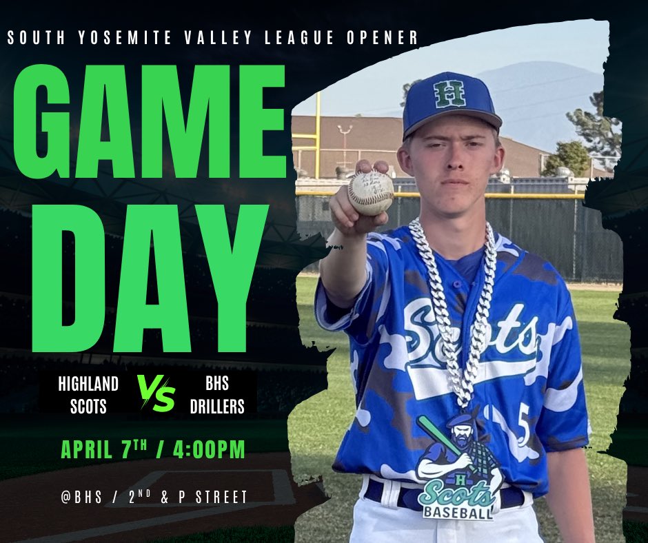 Hblock_Baseball's tweet photo. @Hblock_Baseball 
SOUTH YOSEMITE 
VALLEY LEAGUE OPENER
⚾️ SCOTS (10-5) vs
⚾️ DRILLERS (8-6)
Game Time: 4pm @ 2nd &amp; P St.
Starting Pitcher:
Sr. #5 Jeremiah England (2-2) 3.273 ERA, 40 K, 7 BB, 25 IP
#PlaidUp #LeagueOpener https://t.co/FCBQwcFRx4