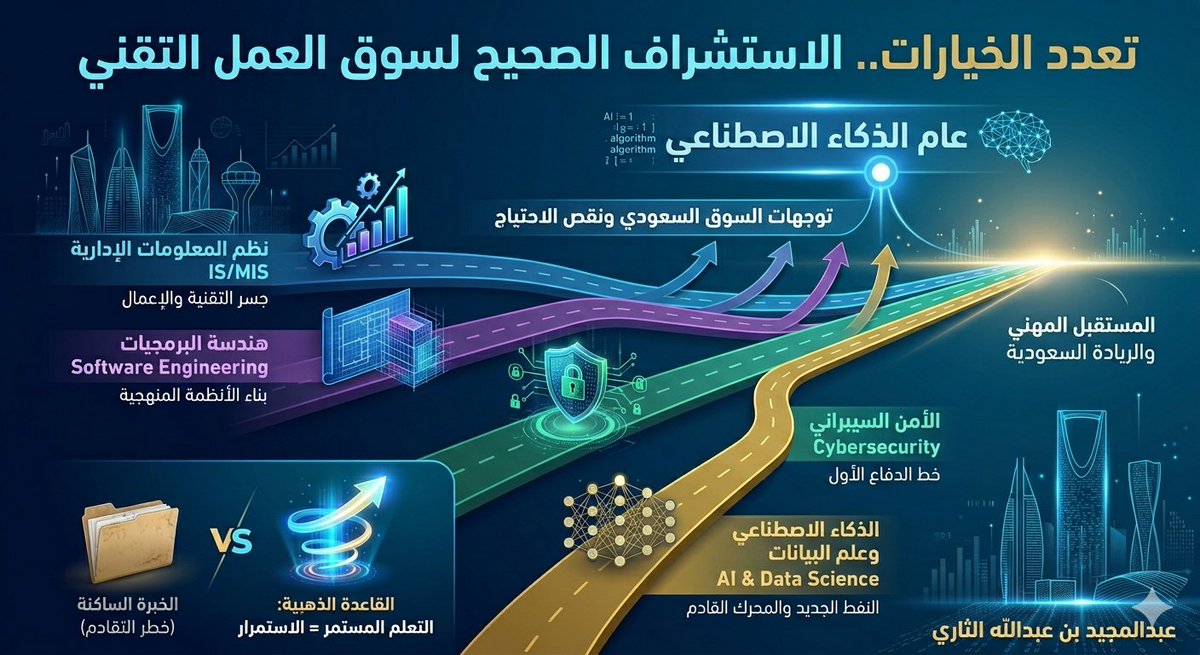 FutureTicket's tweet photo. قبل 3 سنوات، سألني صديق "أي تخصص أدخل؟" وعينه على مستقبل تخصصات الحاسب في جامعاتنا السعودية. اليوم، ومع إعلان تسمية هذا العام بـ "عام الذكاء الاصطناعي"، استرجعت تلك النصيحة وأدركتُ أن الاستشراف الصحيح لتوجهات السوق هو أعظم هدية يمكن أن تقدمها لمستجد.

الحوار الذي دار بيننا👇 https://t.co/UNOD9NWxMN