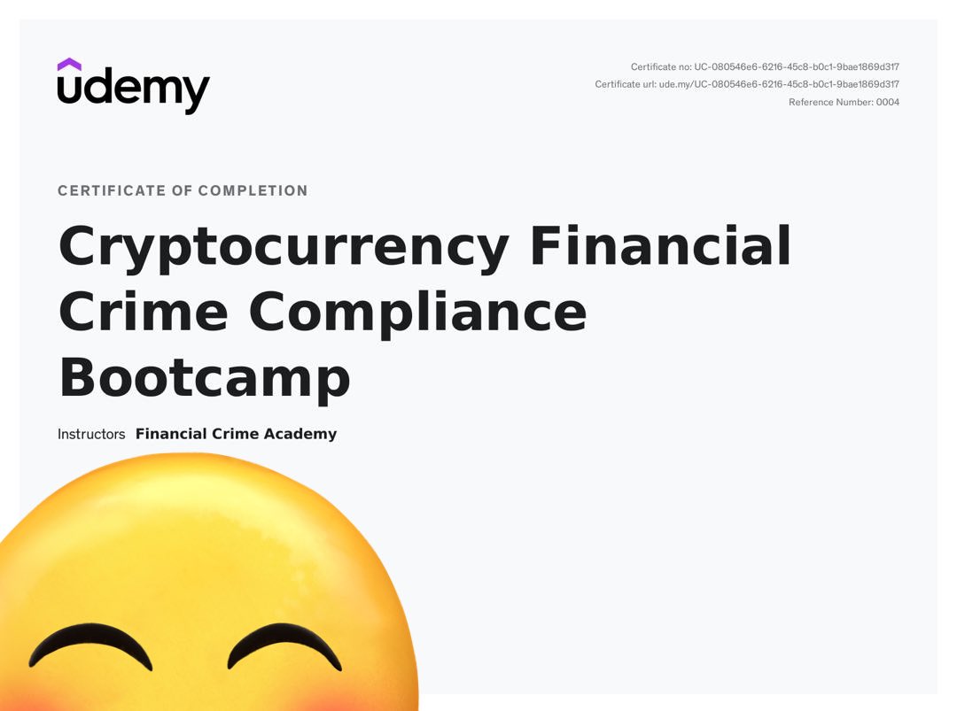 maddeningsmart's tweet image. Ouu, my hands itch… 😄

Maybe it’s because I haven’t told you my recent achievement...👀

Just earned my certification in Cryptocurrency Financial Crime Compliance Bootcamp…. 

Expect content around Web3 security &amp;amp; compliance soon.….👌

#Compliance #web3security….