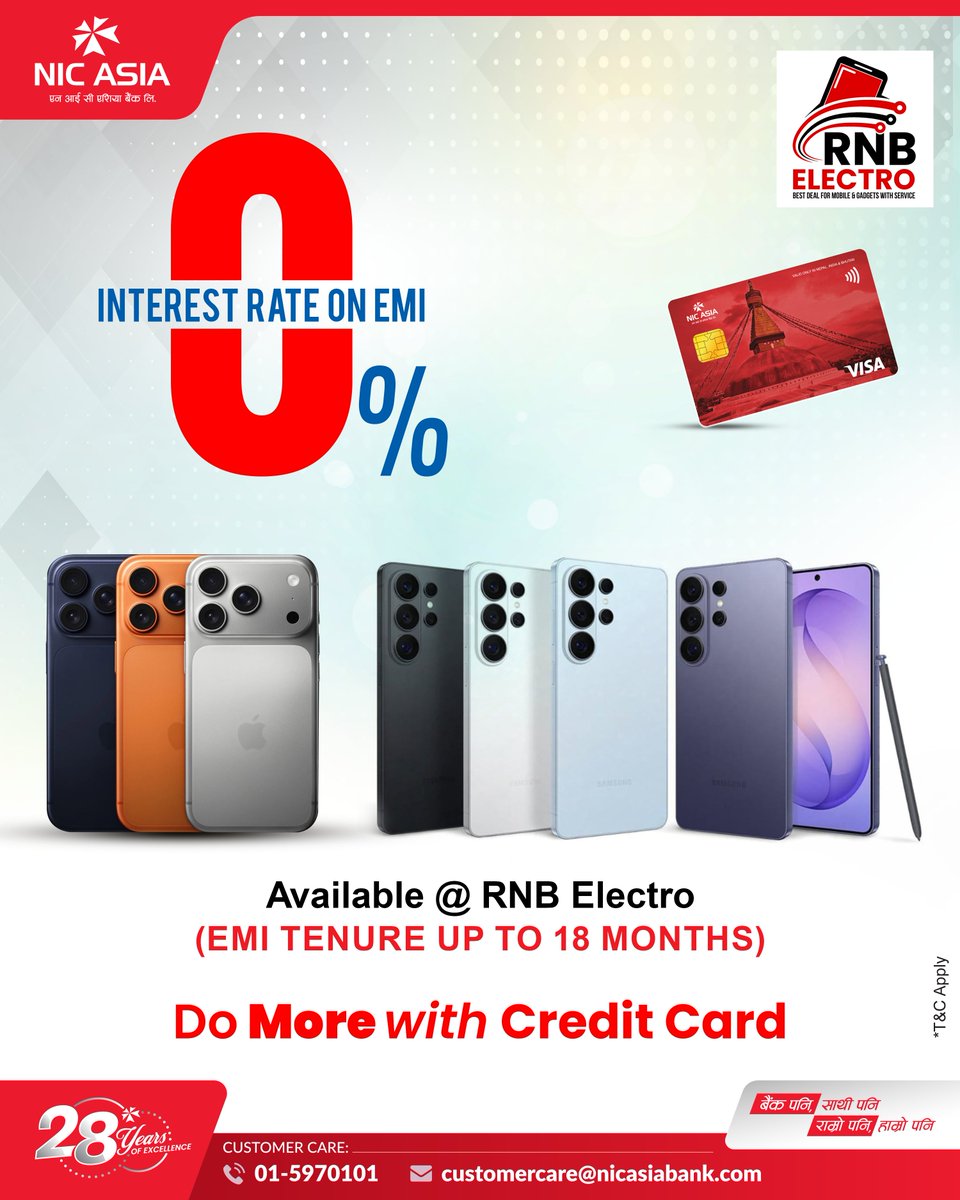 NICASIABank's tweet image. आज किन्नुहोस्, पछि तिर्नुहोस्, त्यो पनि 0% ब्याजदरको किस्ताबन्दीमा ।
Upgrade your favourite gadgets with 0% interest EMI using NIC ASIA Credit Card, now available at RNB Electro for up to 18 months.

#NICASIABank #DigitalFirst #CreditCard #EMI #ZeroPercentEMI #RNBElectro