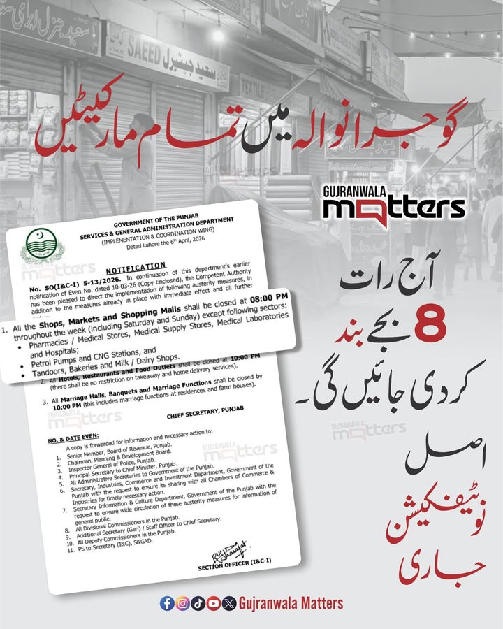 GrwMatters's tweet image. گوجرانوالہ میں تمام مارکیٹیں 
آج رات 8 بجے بند کر دی جائیں گی۔
اصلی والا ٫٫٫٫٫ نوٹیفکیشن جاری
#notification #shops #markets #bazaar