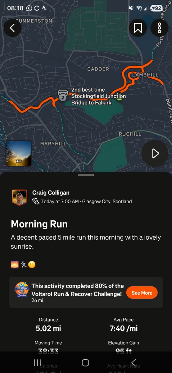 CraigRGNDem's tweet photo. A decent paced 5 mile run this morning with a lovely sunrise.
🌅 🏃🏻♂️🙂
#Glasgow #Running #Vaporflys3 #Strava #SpringSunrise @UKRunChat https://t.co/AOIXzDHMF5