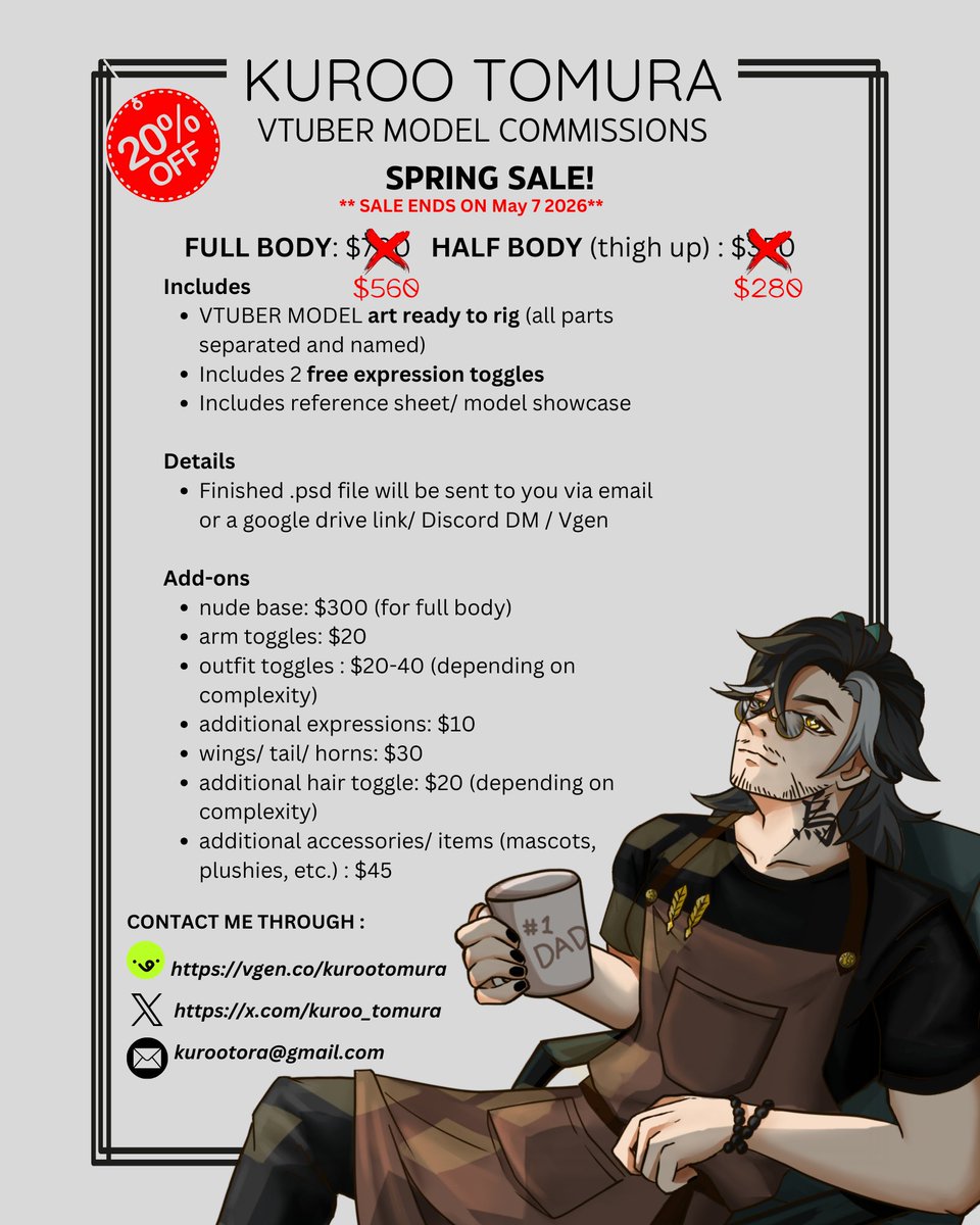 Hello everyone! 

Commissions have been a bit slow lately, so I’m opening a 20% discount on my VTuber model services for a limited time!

If you’ve been thinking about getting a model from me, now’s the perfect time ✨
reposts are greatly appreciated!

you can find my portfolio