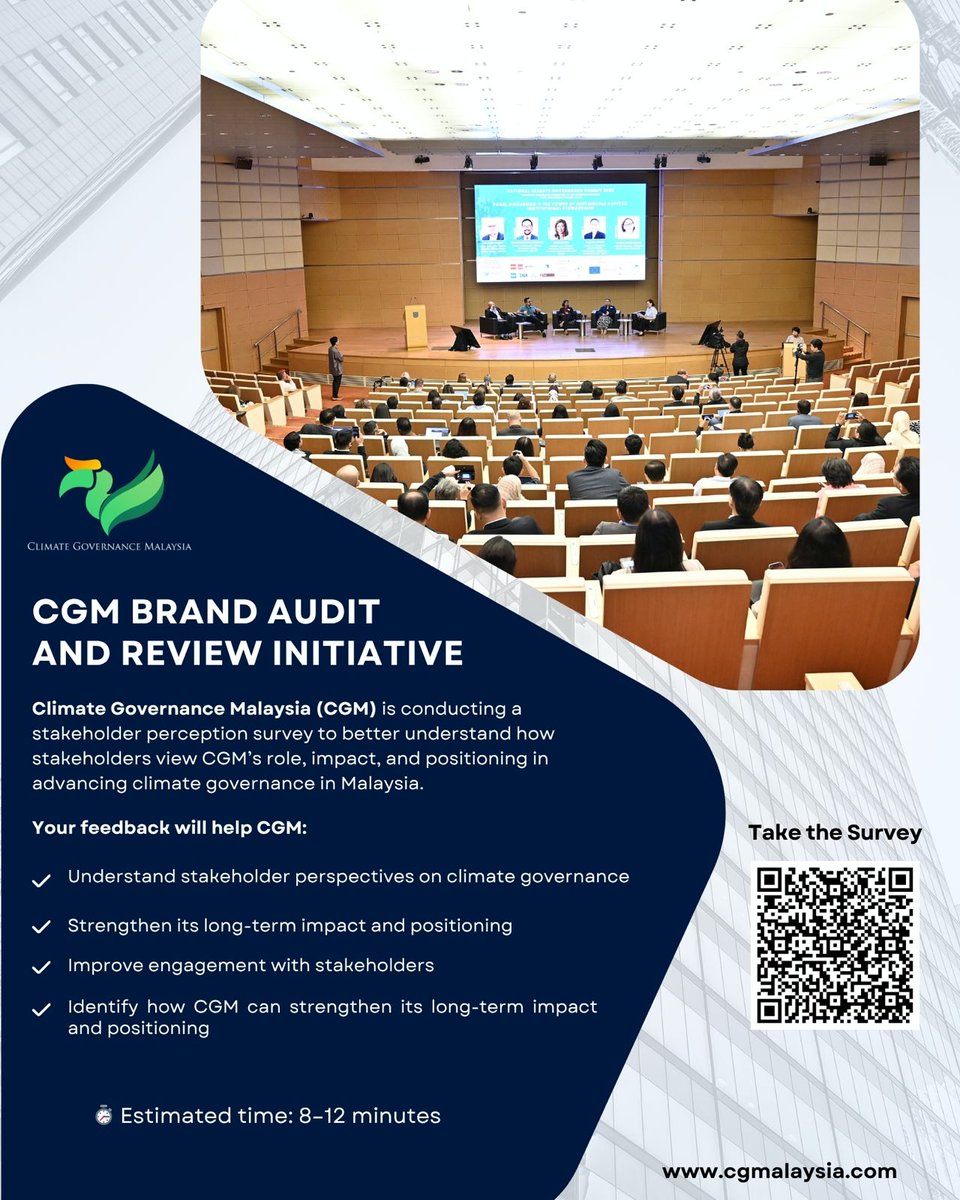 CGMsia's tweet photo. Your insights can shape climate action!

Climate Governance Malaysia is conducting a Brand Audit &amp; Review to understand how we can make a bigger impact.

📝 Take the survey: https://t.co/6a63cnNIYP

Selected voices may join a follow-up virtual chat! https://t.co/iAELJgM4r7