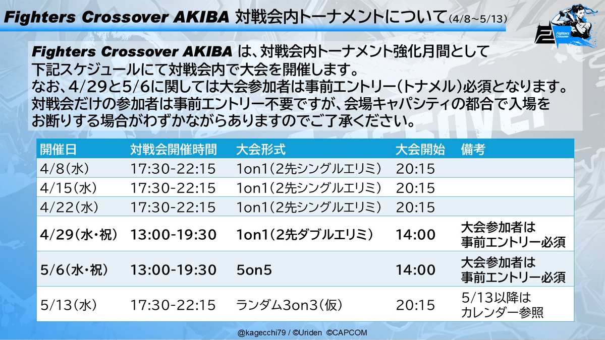 【4/7更新】Fighters Crossover 4月スケジュール
■4/25 上野追加
EVOJ前の調整にどうぞ

■4/29（祝）はEVOJ前なのでFC秋葉内でシングルトーナメントを開催します。
5/6（祝）もFC秋葉対戦会内で5on5を開催します。
x.com/kagecchi79/sta…

■全国大会結果や動画など掲載しています！