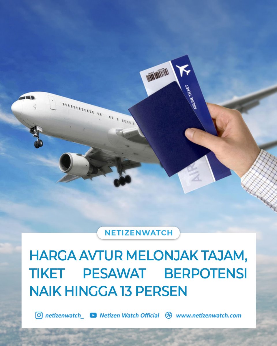 _netizenwatch's tweet photo. Lonjakan harga avtur hingga lebih dari 70 persen pada April 2026 membuat biaya operasional maskapai melonjak tajam. Dampaknya, pemerintah membuka opsi penyesuaian tarif tiket hingga 13 persen.

#HargaAvtur #TiketPesawatNaik #AvturNaik #KenaikanHarga  #GarudaIndonesia https://t.co/OC6zdu4f06